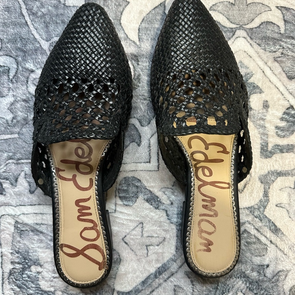 Sam Edelman Black Mules with Pointed Toe and Mesh Design